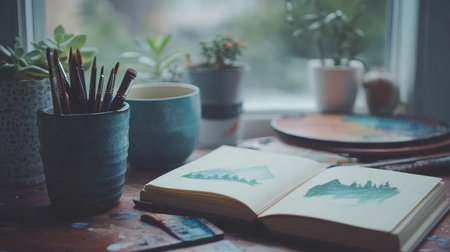 A cozy art studio featuring a sketchbook open to a watercolor painting, surrounded by brushes and potted plants on a sunlit wooden table.の素材