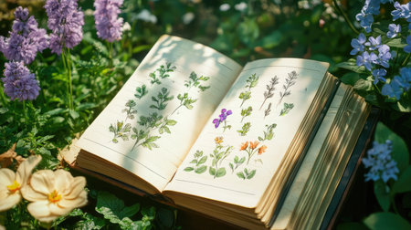 An enchanting vintage botanical illustration lies open amidst vibrant flowers in a serene garden, showcasing the delicate beauty of plant life and artistic craftsmanship.の素材