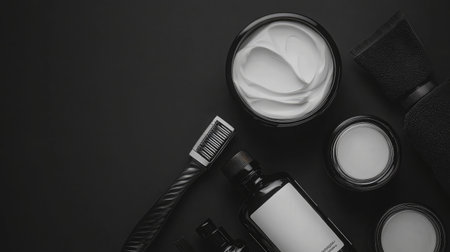 A stylish flat lay of grooming essentials including a razor, cream, and skincare containers on a dark surface, emphasizing modern self-care and wellness for men.の素材