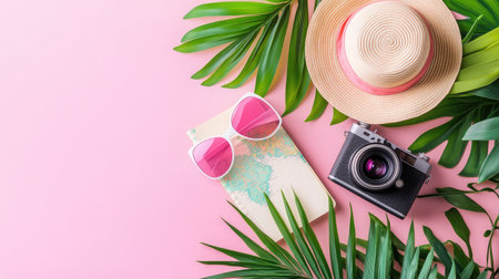 Discover summer vibes with this flatlay featuring a stylish hat, sunglasses, a vintage camera, and lush tropical leaves on a vibrant pink background, perfect for travel and photography themes.の素材