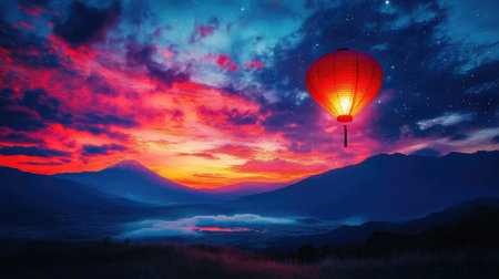 A stunning sunset illuminates the landscape with vibrant colors, as a lantern floats gracefully above mountains and a tranquil lake, creating a serene and picturesque scene.の素材