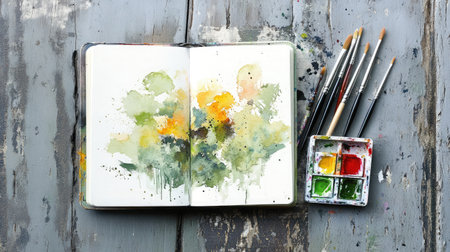 A captivating scene featuring an open sketchbook displaying vibrant watercolor floral artwork, complemented by watercolors and brushes, set on a rustic wooden table.の素材