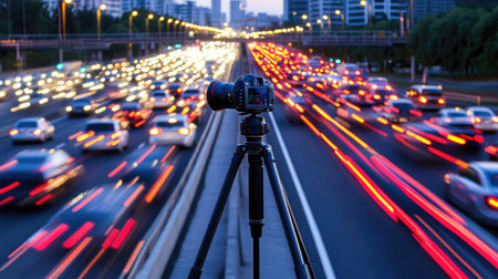 A camera on a tripod captures the vibrant motion of traffic at night, creating stunning light trails in a bustling urban environment. Ideal for photography lovers.の素材