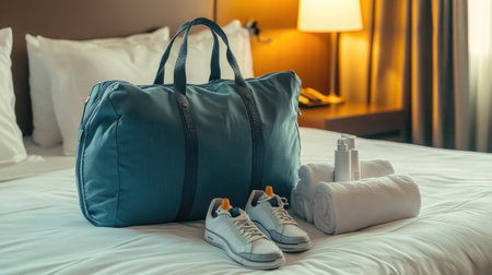 A stylish travel bag accompanied by sneakers and towels rests on a neatly made hotel bed, creating a cozy atmosphere perfect for relaxation after a long journey.の素材