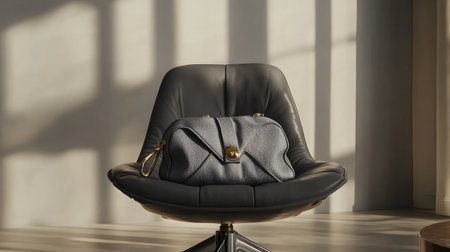 A luxurious handbag is elegantly placed on a modern black chair, beautifully illuminated by soft light, creating a serene ambiance in the contemporary space.の素材