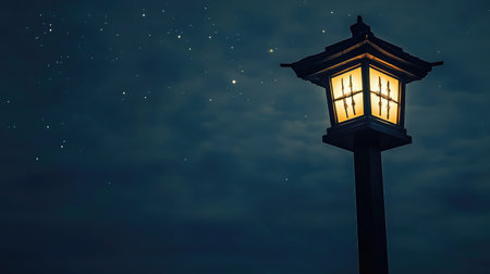 An artistic depiction of a single lantern illuminating the night, blending warmth with the coolness of a starry sky, creating a serene and peaceful atmosphere.の素材