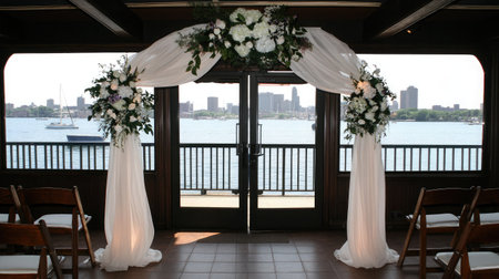 Beautiful wedding arch with floral decorations and flowing drapery, set against a serene waterfront view, perfect for intimate ceremonies and memorable celebrations.の素材