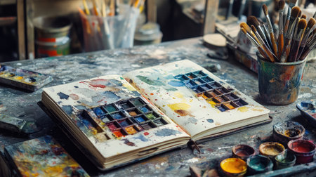 A captivating artistic scene showcasing a sketchbook open to vibrant watercolors, surrounded by brushes and paint containers, reflecting creativity and the artistic process.の素材