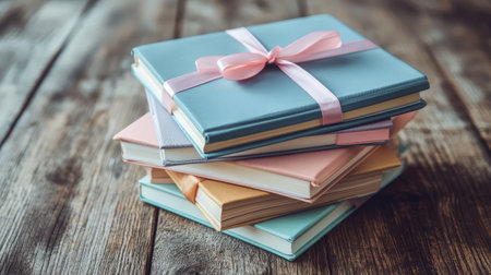 A visually appealing arrangement of colorful wrapped notebooks tied with a ribbon, resting on a rustic wooden table, ideal for adding charm to any workspace or gift-giving occasion.の素材