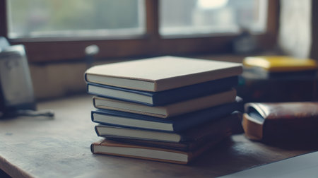 A serene image of stacked notebooks on a rustic wooden desk, illuminated by soft morning light, offering a cozy and inspiring workspace vibe for creativity and organization.の素材
