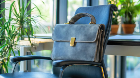 A chic leather handbag is placed on an office chair, creating a modern and inviting workspace atmosphere with natural light and greenery enhancing the scene.の素材