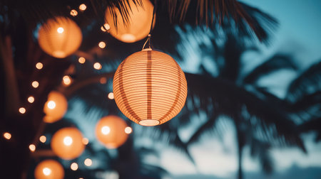 Beautifully crafted paper lanterns hang gracefully among palm trees, casting warm light in a serene tropical setting. The scene evokes a tranquil ambiance perfect for celebration.の素材