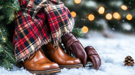 This inviting winter scene captures stylish brown leather boots alongside a cozy plaid blanket on fresh snow, surrounded by soft lights, creating a perfect festive atmosphere.の素材