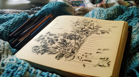 Explore a beautiful hand-drawn botanical sketch in an open notebook surrounded by colorful pencils on a cozy blanket, ideal for inspire creativity and artistic expression.の素材