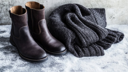 A pair of sophisticated brown leather boots sits beside a cozy gray knit sweater on a soft gray background, perfect for winter fashion and lifestyle themes.の素材