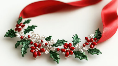 This stunning holiday necklace features a beautiful arrangement of red flowers and green leaves, embellished with sparkling details, perfect for festive occasions and celebrations.の素材