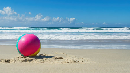 A vibrant beach ball sits on warm sand, inviting fun and play. The gentle waves lap at the shore under a stunning blue sky, creating a perfect summer scene.の素材