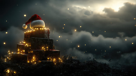 A captivating Christmas scene showcasing beautifully wrapped gifts adorned with twinkling lights and a classic red Santa hat, set against a moody and enchanting cloudy sky.の素材