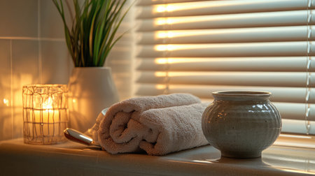 A warm and inviting bathroom setup featuring soft towels, a decorative candle, and a stylish pot, creating a serene atmosphere perfect for relaxation and self-care.の素材