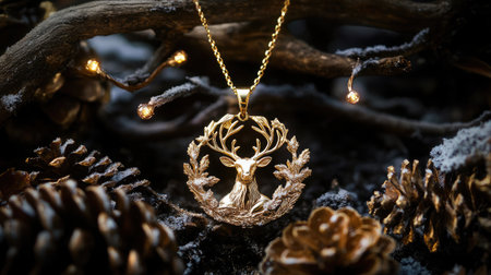 A stunning golden deer pendant necklace rests among pine cones and soft twinkling lights, creating a charming and elegant winter scene ideal for jewelry enthusiasts.の素材