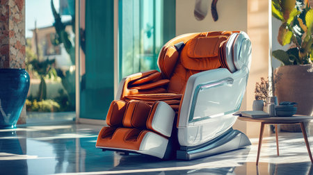 A sleek orange massage chair nestled in a bright living room, combining comfort and style with modern design elements ideal for relaxation and unwinding at home.の素材