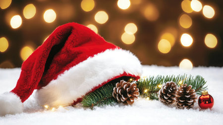 A vibrant red Christmas hat rests on a snowy surface adorned with pinecones and ornaments, surrounded by soft golden bokeh lights, creating a cozy and festive atmosphere.の素材