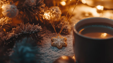 A cozy winter atmosphere featuring a gingerbread snowflake pendant, warm coffee, and soft textures, illuminated by the gentle glow of Christmas lights. Perfect for holiday themes.の素材