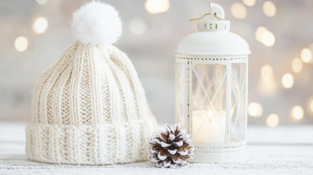 A serene winter-themed scene featuring a knitted hat, a glowing lantern, and a rustic pinecone, creating a warm and cozy atmosphere perfect for seasonal celebrations.の素材