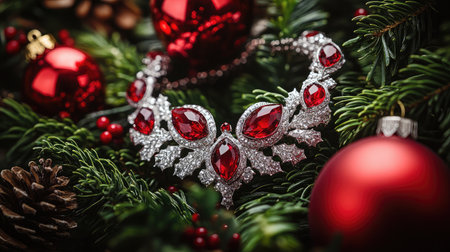 Captivating close-up of a stunning red necklace nestled among emerald greenery and festive ornaments, perfect for holiday inspirations and luxury jewelry displays.の素材