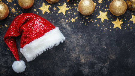 A vibrant representation of a Christmas setting featuring a red Santa hat alongside shiny gold ornaments and sparkling stars, perfect for holiday themes and festive moods.の素材