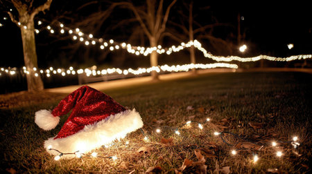 A vibrant Christmas scene showcasing a red Santa hat lying on the grass, surrounded by twinkling lights that create a magical atmosphere during the festive season.の素材
