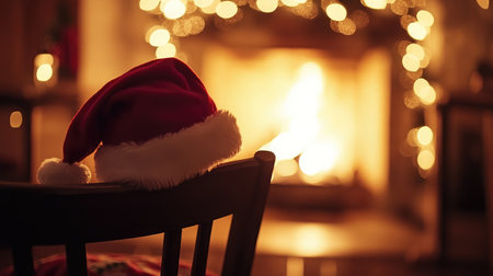 A festive Christmas setting featuring a Santa hat resting on a chair near a glowing fireplace, adorned with twinkling lights, perfect for creating a warm holiday ambiance.の素材