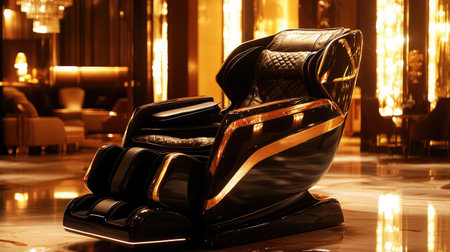 Experience ultimate relaxation with this luxurious black massage chair featuring golden accents, ideal for creating a serene ambiance in upscale interiors and personal spaces.の素材