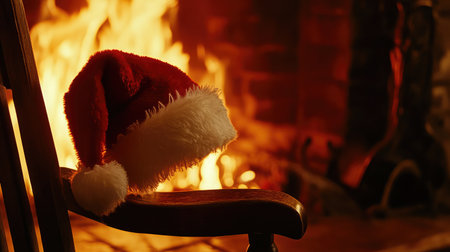 A classic red Santa hat rests on a wooden rocking chair beside a warm, glowing fireplace, creating a cozy and festive atmosphere perfect for the holiday season.の素材