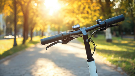 A detailed view of a scooter handlebar set against a vibrant autumn background, with sunlight streaming through trees, symbolizing outdoor adventures and active living.の素材