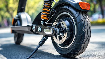 A detailed close-up of an electric scooter wheel showcasing its spring suspension, designed for urban commuting on city streets under bright sunlight.の素材