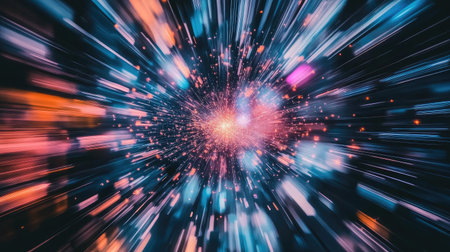 An explosion of vibrant colors and dynamic light creates an immersive cosmic effect, evoking a sense of movement and energy in an abstract space background.の素材
