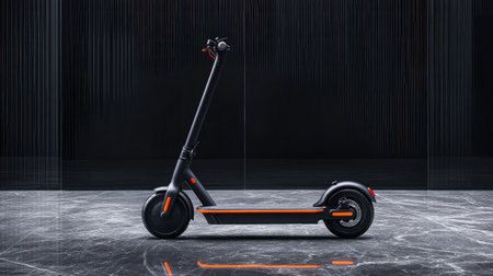 Stylish electric scooter featured against a sleek dark background, ideal for urban commuting and showcasing modern design and technological innovation in personal transportation.の素材