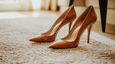 A pair of elegant high-heeled shoes in a rich brown hue rests on a plush carpet, embodying contemporary fashion aesthetics in a charming indoor environment.の素材