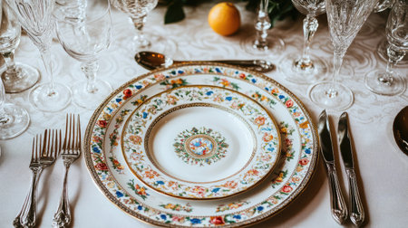 This exquisite table setting showcases fine china with floral designs, elegant crystal glassware, and polished silverware, perfect for formal dining occasions.の素材