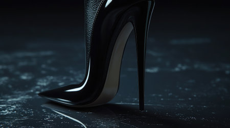 Captivating black high heel shoe showcasing its sleek design and glossy finish, perfect for style enthusiasts seeking elegance and sophistication in footwear.の素材