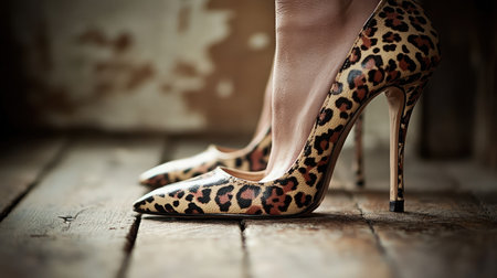 Stunning close-up of leopard print high heels resting on a rustic wooden floor, capturing the charm of fashionable footwear in a stylish setting. Ideal for fashion-focused projects.の素材
