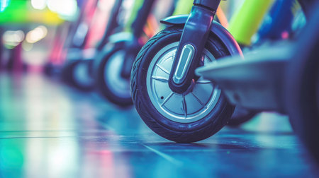 A close-up view of sleek electric scooter wheels, featuring vibrant colors and modern design. This image captures the essence of urban mobility and modern transportation in a dynamic setting.の素材