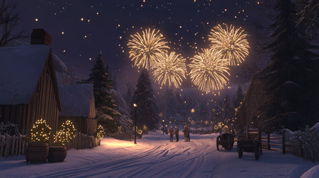 A serene winter evening unfolds as fireworks burst above a charming village, casting a warm glow on snow-covered landscapes and festive decorations, creating a cozy holiday ambiance.の素材