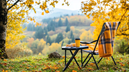 A peaceful outdoor scene showcasing a foldable chair, coffee cup, and warm blanket amidst vibrant autumn leaves and a stunning mountain backdrop, perfect for relaxation.の素材