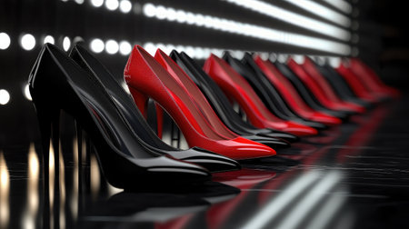 A stunning display of high heel shoes in sleek black and vibrant red colors, set against a reflective surface and stylish lighting, perfect for fashion enthusiasts and retailers.の素材