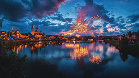 A breathtaking panorama captures a vibrant skyline at night, with fireworks illuminating the sky and reflecting beautifully on the calm water, creating a magical atmosphere.の素材
