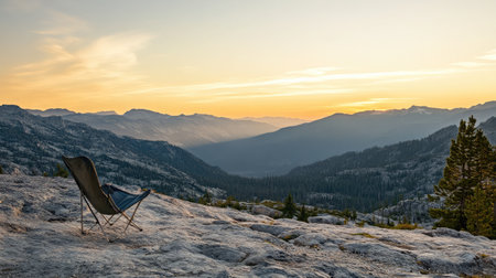 A serene outdoor scene featuring a lonely chair overlooking a breathtaking mountain sunset, highlighting the beauty and tranquility of the wilderness. Perfect for relaxation and escape.の素材