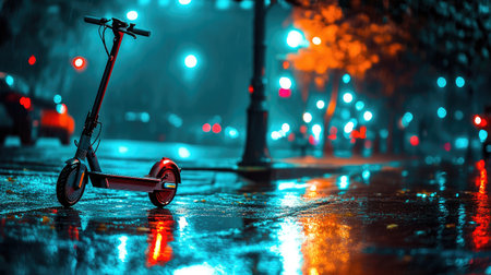 An electric scooter stands alone on a wet urban street during the night, showcasing vibrant reflections of city lights, creating a tranquil yet lively atmosphere.の素材