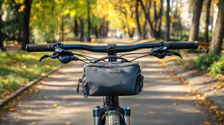 This image presents a close-up view of bicycle handlebars with a bag, set in a picturesque autumn park, capturing the essence of outdoor adventure and natureの素材